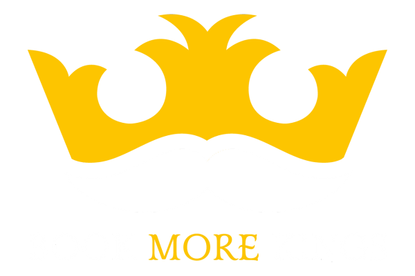 Book More Kings logo - purple background, gold crown and white mustache